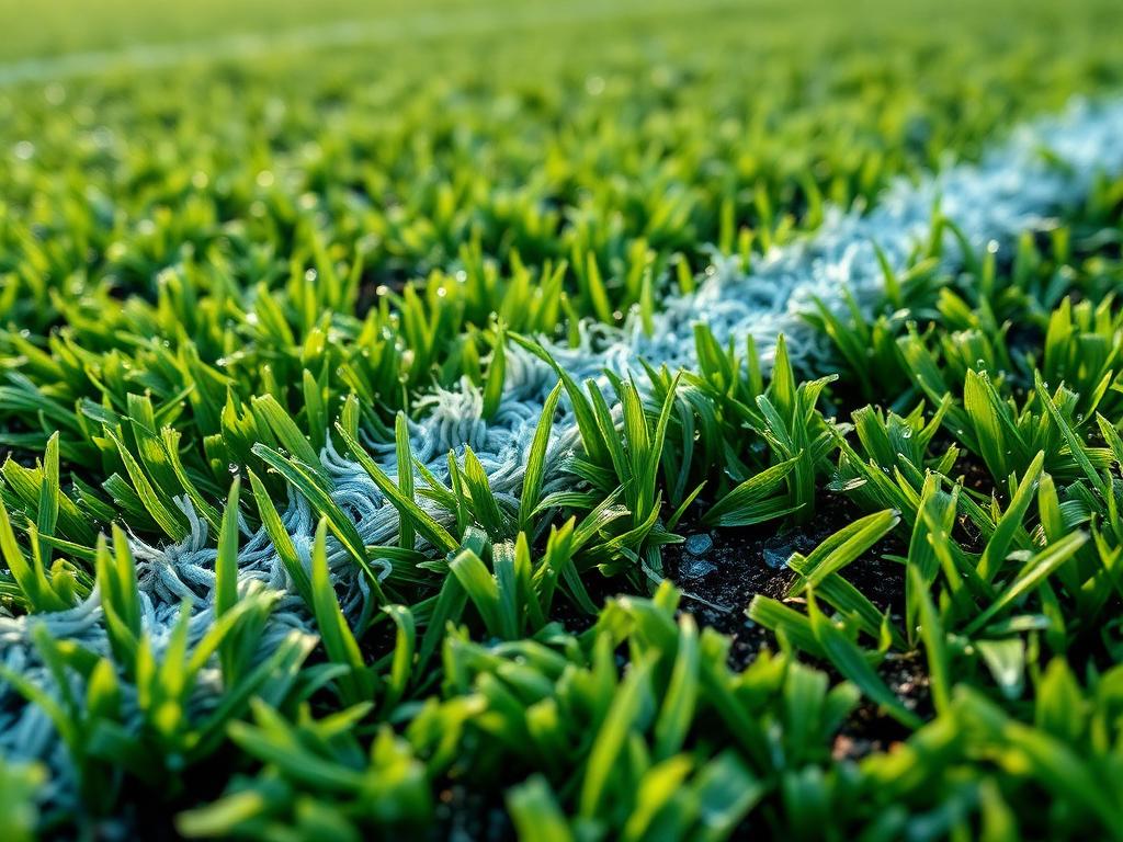 Detaliu de gazon sintetic pentru fotbal, cu fir de 60 mm și umplutură de nisip și cauciuc