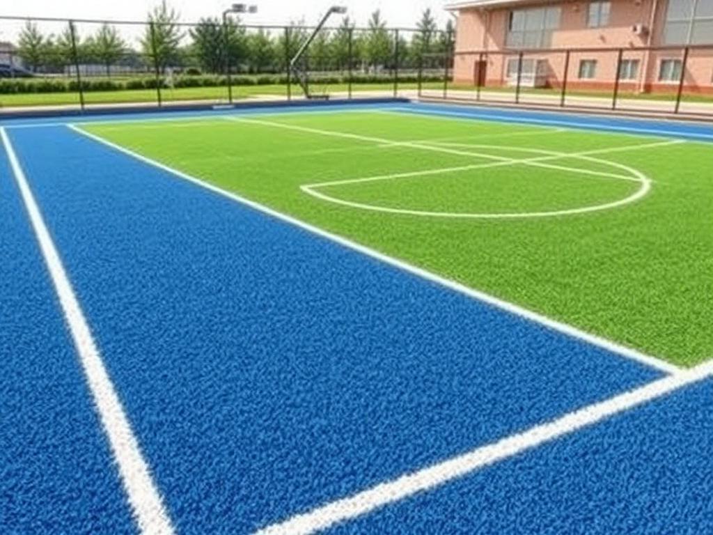 Teren multisport cu gazon sintetic albastru și verde, cu marcaje pentru tenis și handbal